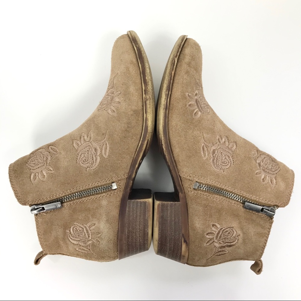 Lucky Brand Rose Embroidered Suede Tan Ankle Boot